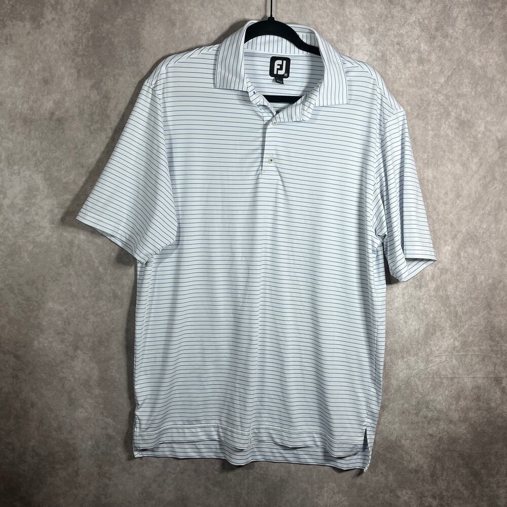 FootJoy Golf Polo Shirt Mens Medium White Blue Striped Short Sleeve Outdoor